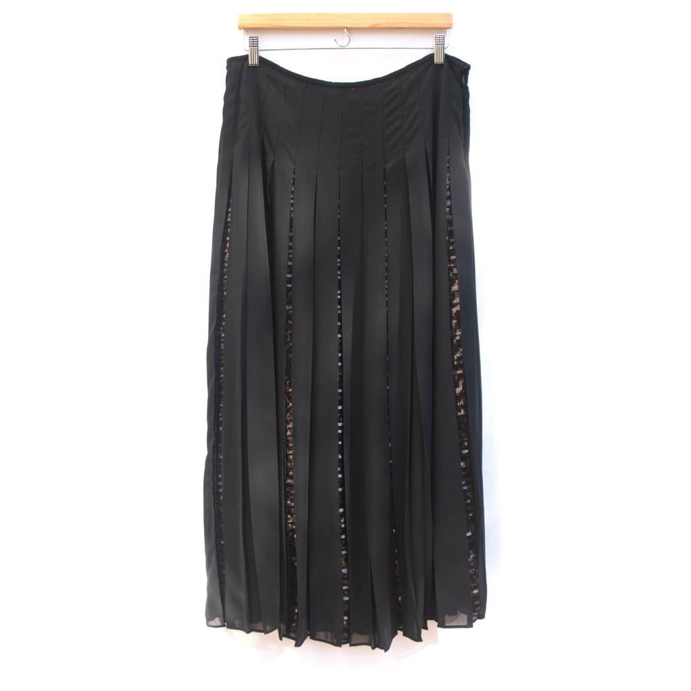 Per Una Black Pleated Maxi Skirt Women 16L Sequin Chiffon Flowy Occasion Evening